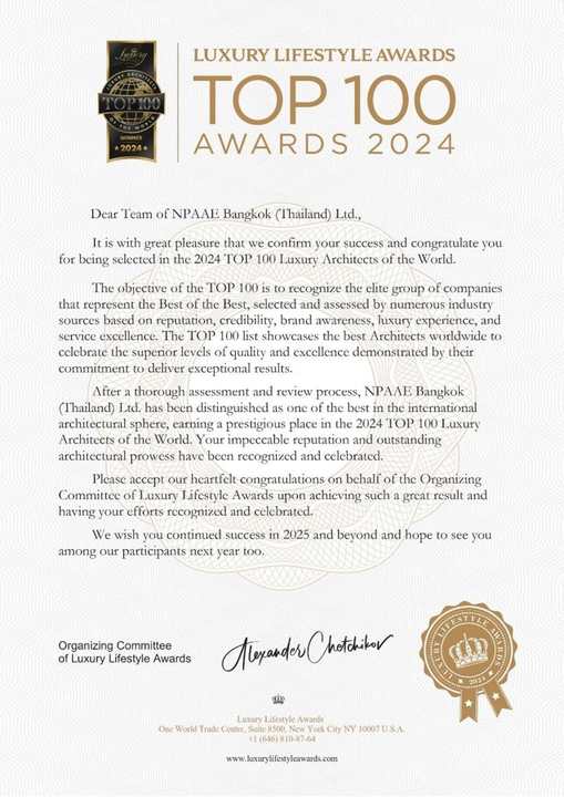 Luxury Lifestyle Awards 2024 certificate, TOP 100 Luxury Architects of the World, awarded to NPAAE Bangkok