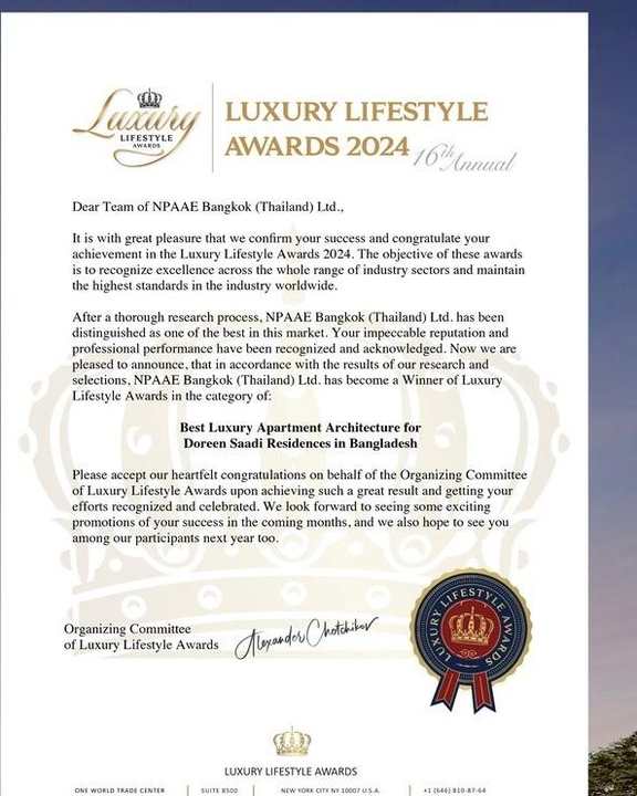 Luxury Lifestyle Awards certificate for Doreen Saadi Residences